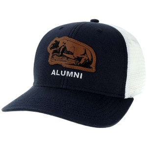 navy trucker hat with Nittany Lion Shrine engraved leather patch above embroidered Alumni